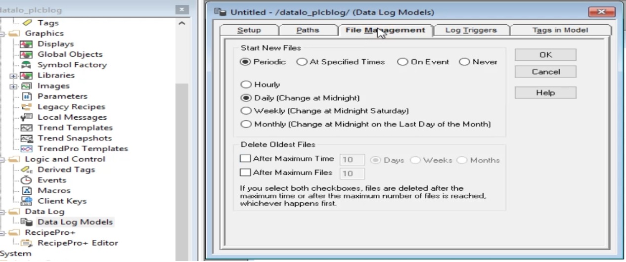 Setting up and managing data log files Creating new file sets